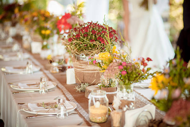 decorations made of wood and wildflowers served rustic stock photo