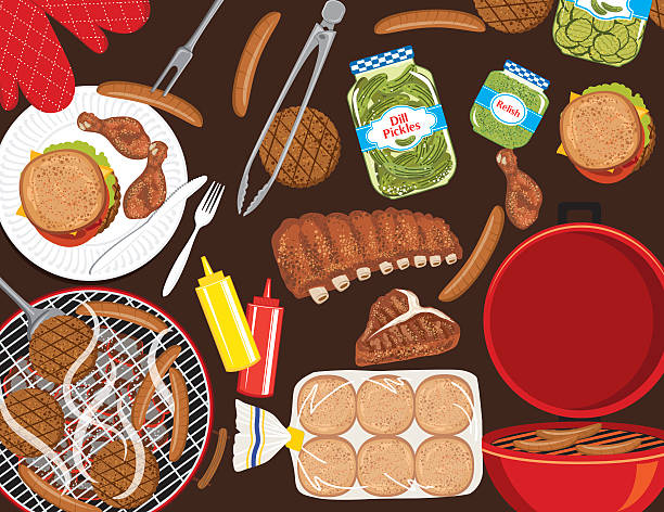 барбекю продукты на коричневом фоне - relish stock illustrations