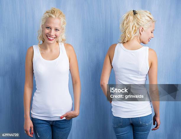 Woman In White Tank Top On Blue Background Stock Photo - Download Image Now - Armored Tank, Template, Females