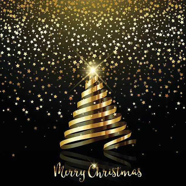 Vector illustration of Christmas background with gold star confetti and gold ribbon tre