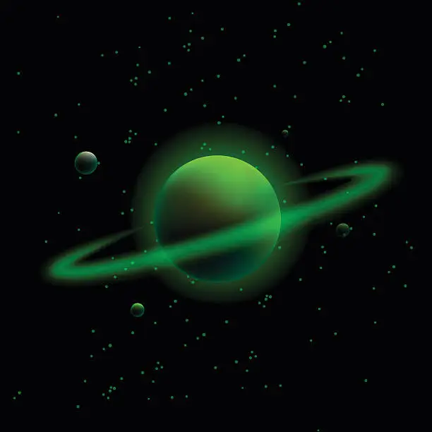 Vector illustration of Planet with rings and satellites. Neon Green space background.