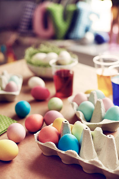 istock Side view of Easter ornaments on the table 629162932