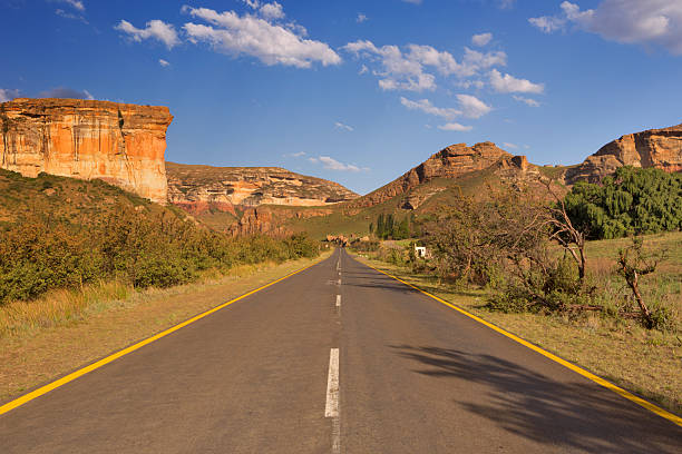 Road through the Golden Gate Highlands NP in South Africa A road along the Brandwag Buttress in the Golden Gate Highlands National Park, South Africa. Photographed in late afternoon sunlight. golden gate highlands national park stock pictures, royalty-free photos & images