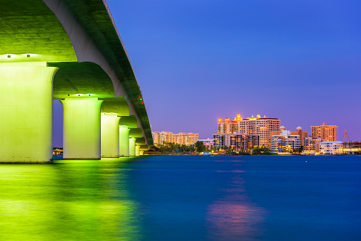 Sarasota, Florida, USA skyline under the bridge.