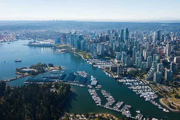 aerial image of vancouver, british columbia, canada - vancouver skyline city urban scene imagens e fotografias de stock