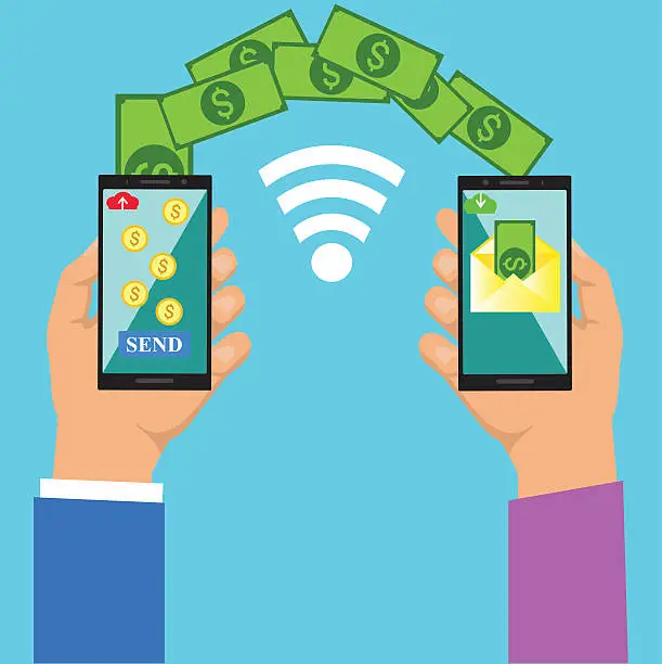 Vector illustration of Money transfer.Sending and receiving money wireless with mobile phones.