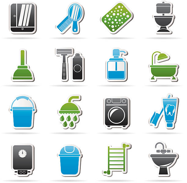 значки объектов ванной и гигиены - shaving equipment wash bowl bathroom razor stock illustrations