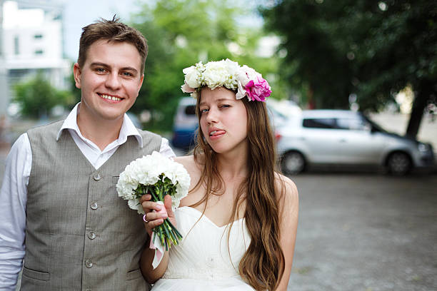 Wedding happy couple. Happy newlywed couple having fun.
