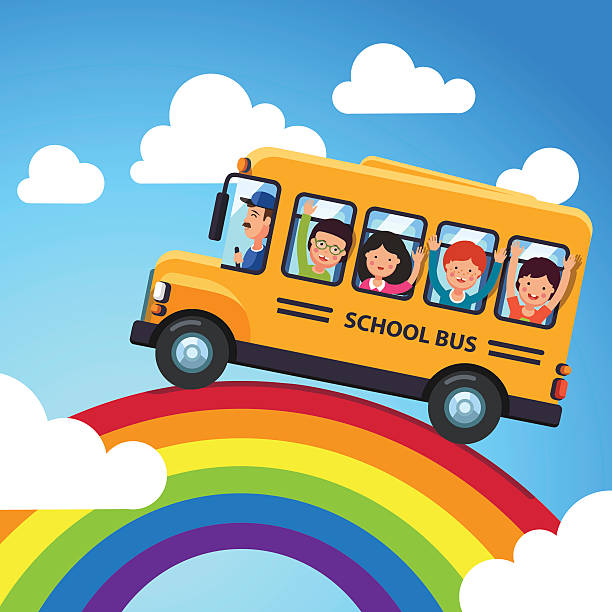 ilustrações de stock, clip art, desenhos animados e ícones de yellow school bus with driver and kids - light waving rainbow vector