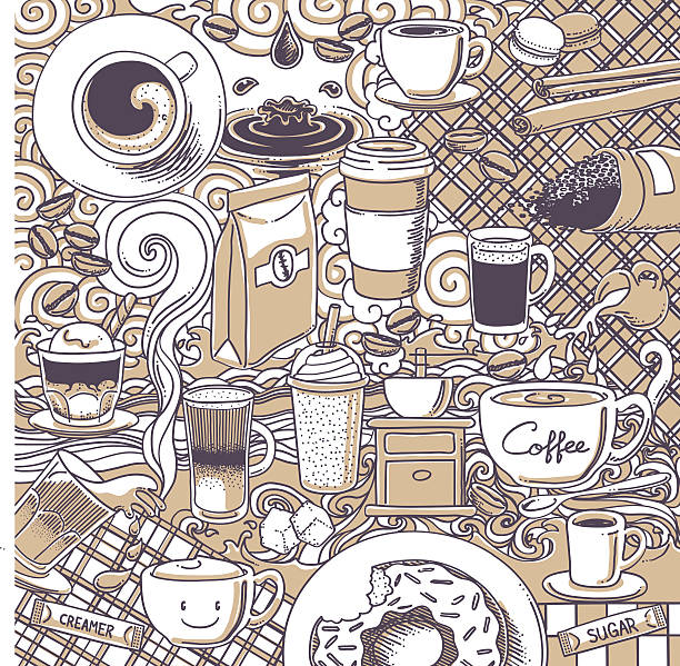 ilustrações, clipart, desenhos animados e ícones de fundo doodle café - macaroon french culture dessert food