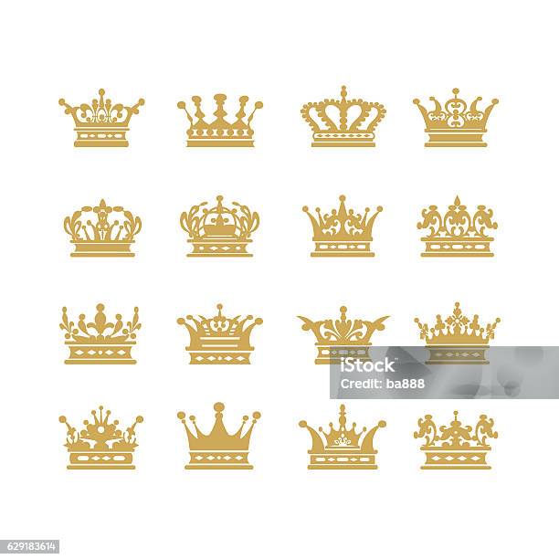 Gold Crown Set Vector Illustration Stock Illustration - Download Image Now - Crown - Headwear, Gold Colored, Queen - Royal Person