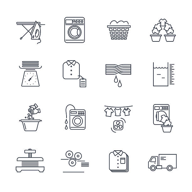 ilustrações de stock, clip art, desenhos animados e ícones de set of thin line icons laundry service production process - the game of operation