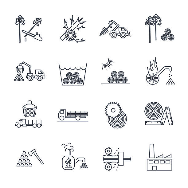 set of thin line icons logging production process vector art illustration