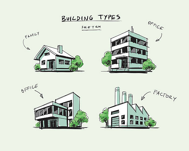 Set Of Four Buildings Types Hand Drawn Cartoon Illustration Stock  Illustration - Download Image Now - iStock