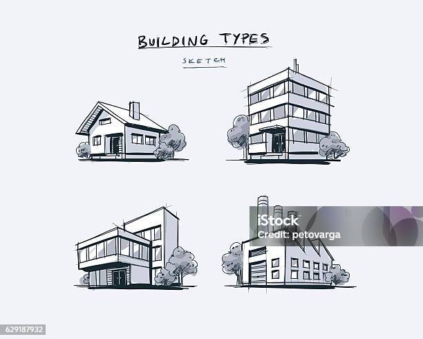 Set Of Four Buildings Types Hand Drawn Cartoon Illustration Stock Illustration - Download Image Now
