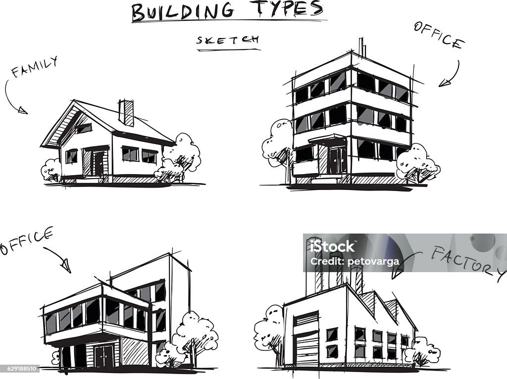 Conjunto de quatro edifícios digita ilustração de desenho animado desenhado à mão - Vetor de Casa royalty-free