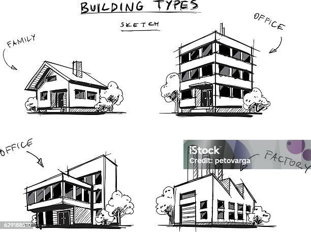 Vetores de Conjunto De Quatro Edifícios Digita Ilustração De Desenho Animado Desenhado À Mão e mais imagens de Casa
