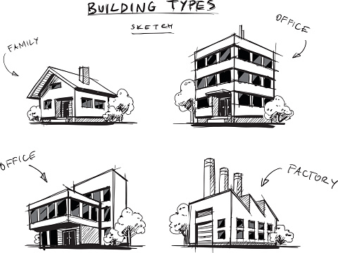 Four vector buildings sketch drawings in perspective view with trees. Family house, work office and factory building. Hand drawn cartoon vector illustration.