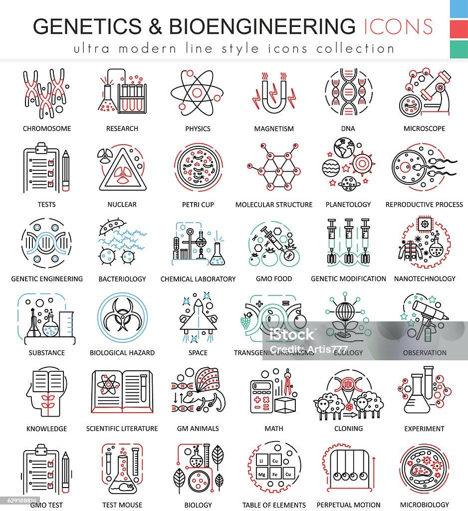 Vector Genetics and biochemistry color flat line outline icons for Vector Genetics and biochemistry color flat line outline icons for apps and web design. Genetics chemical high technology elements icons Biochemistry stock vector