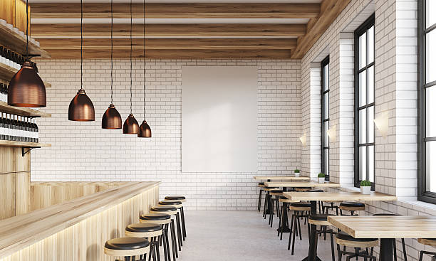Bar with poster and lamps Bar interior with counter, stools and square tables. Vertical poster on white brick wall. Concept of drinking. 3d rendering. Mock up cafe interior stock pictures, royalty-free photos & images
