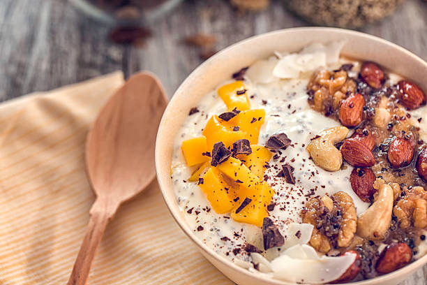Yoghurt with juicy mango and honey cashew nuts, almonds, walnuts.