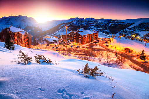 Wonderful winter landscape and ski resort in the Alps,Alpe d'Huez,France,Europe