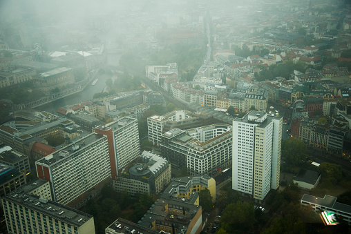 Berlin as seen from above on a foggy day