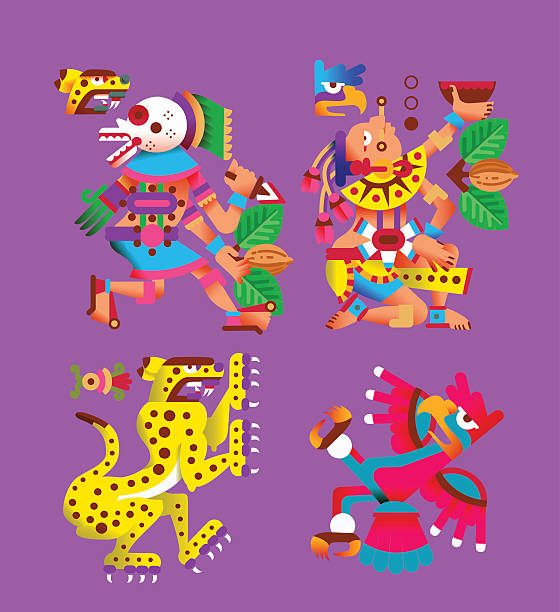 ilustraciones, imágenes clip art, dibujos animados e iconos de stock de patrón de doodle de dibujos animados aztecas - guerrero azteca