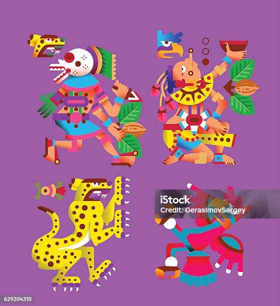 Aztec Cartoon Doodle Pattern Stock Illustration - Download Image Now - Warrior - Person, Aztec Pattern, Mayan