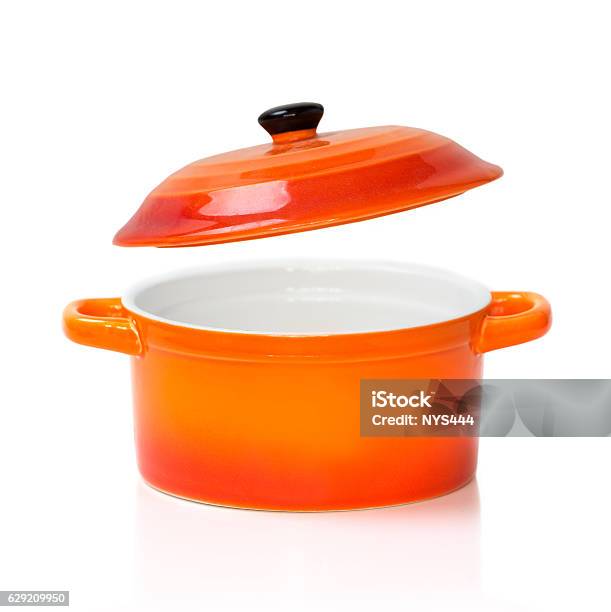 Red Orange Ceramic Pot Pan Opened Cover Isolated Stock Photo - Download Image Now - Cooking Pan, Cut Out, Casserole