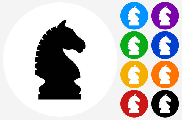 Chess Knight Icon on Flat Color Circle Buttons Chess Knight Icon on Flat Color Circle Buttons. This 100% royalty free vector illustration features the main icon pictured in black inside a white circle. The alternative color options in blue, green, yellow, red, purple, indigo, orange and black are on the right of the icon and are arranged in two vertical columns. knight chess piece stock illustrations