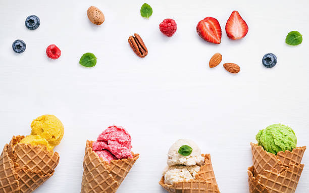 istock Colorful ice cream with cones and various fruits raspberry ,blue 629217164