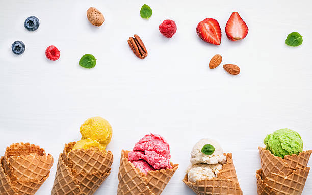 istock Colorful ice cream with cones and various fruits raspberry ,blue 629217264