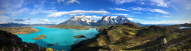 Patagonia panorama Panoramic view of Torres del Paine and Lake Pehoe in Chile cuernos del paine stock pictures, royalty-free photos & images