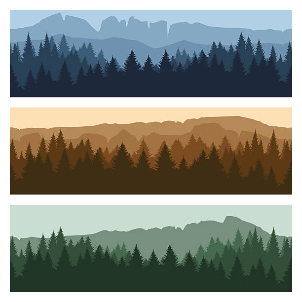 Outdoor mountain landscape banners Outdoor rocky landscape background with forest and mountains. Vector mountain peaks and trees panorama banners pine trees silhouette stock illustrations