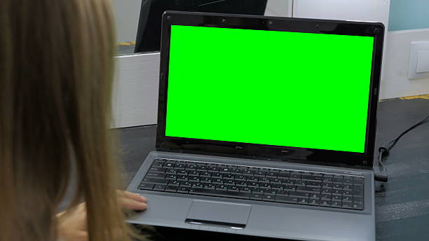 femme regardant un ordinateur portable avec écran vert - key house house key green photos et images de collection