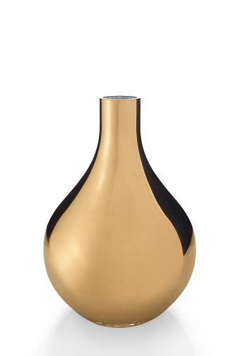 A cut-out of an empty, shiny, golden bulb vase,