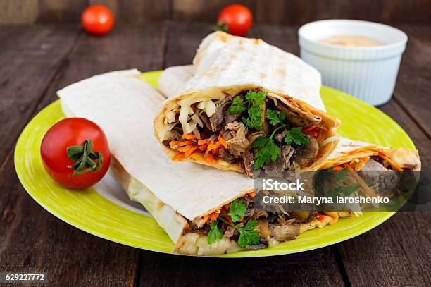 Shawarma Sandwich Fresh Roll Of Thin Lavash Stock Photo - Download Image Now