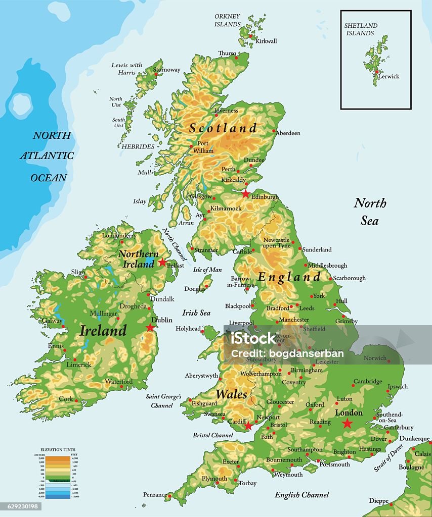 United Kingdom and Ireland-physical map Highly detailed physical map of United Kingdom  Map stock vector