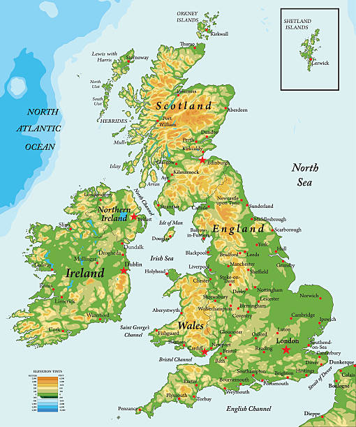 United Kingdom and Ireland-physical map Highly detailed physical map of United Kingdom  cleveland england stock illustrations
