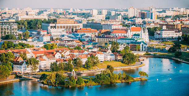 Aerial View, Cityscape Of Minsk, Belarus. Summer Season, Sunset. stock photo