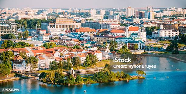 Aerial View Cityscape Of Minsk Belarus Summer Season Sunset Stock Photo - Download Image Now