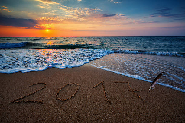 istock New Year 2017 concept on the sea beach 629237674