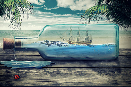 Sailing luxury yacht in the bottle on seascape. Beautiful screen saver