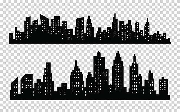 벡터 블랙 시티 실루엣 아이콘 세트 흰색 배경에 격리 - skyline silhouette cityscape residential district stock illustrations