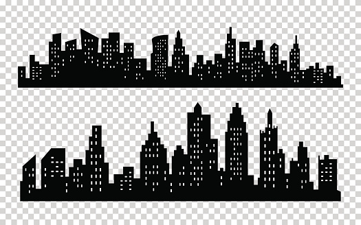 Vector black city silhouette icons set isolated on white background