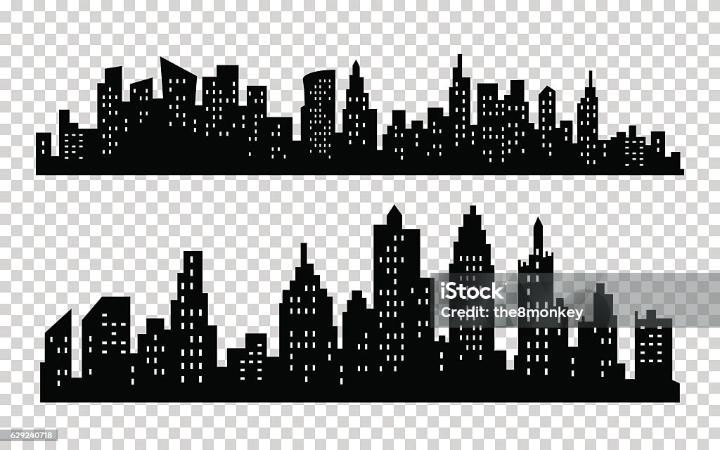 Vector black city silhouette icon set isolated on white background Vector black city silhouette icons set isolated on white background In Silhouette stock vector