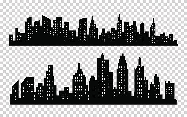 Vector black city silhouette icon set isolated on white background Vector black city silhouette icons set isolated on white background construction buildings silhouette stock illustrations