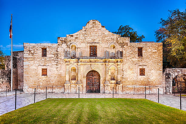 The Alamo lit up at night in San Antonio, Texas.