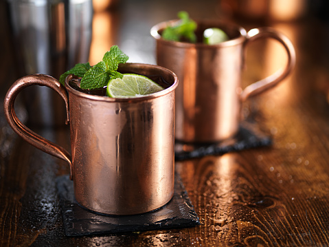 moscow mules in copper cups with mint and limes